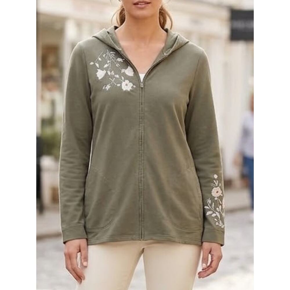 J.JILL Olive Floral Embroidered Zip Hoodie S | Cottagecore Lounge Layer
